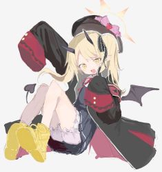 Rule 34 | 1girl, armband, black coat, black hat, blonde hair, bloomers, blue archive, blush, coat, grey hair, halo, hat, highres, horns, ibuki (blue archive), long hair, looking at viewer, open mouth, pointy ears, sanma (tabet ), simple background, sleeves past fingers, sleeves past wrists, solo, tail, twintails, underwear, wings, yellow eyes, yellow footwear