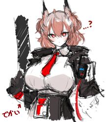 Rule 34 | ...?, 1girl, animal ears, arknights, arrow (symbol), bird ears, black gloves, black jacket, black skirt, breasts, bright pupils, collared shirt, fiammetta (arknights), gloves, gun, hair between eyes, highres, holding, holding gun, holding weapon, id card, jacket, large breasts, long sleeves, looking at viewer, necktie, open clothes, open jacket, red hair, red necktie, shirt, short hair, simple background, sketch, skirt, solo, upper body, walkie-talkie, weapon, white background, white pupils, yosua 0669