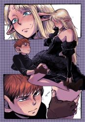 Rule 34 | 1boy, 1girl, bare shoulders, barefoot, bikini, black choker, black dress, black pants, blonde hair, blush, boots, breasts, brown eyes, brown footwear, brown gloves, brown hair, chilchuck tims, choker, closed mouth, dress, dungeon meshi, fingerless gloves, gloves, green eyes, hand on another&#039;s thigh, hetero, highres, jiang1818, long hair, marcille donato, marcille donato (lord), medium breasts, multiple views, nose blush, pants, parted lips, pointy ears, simple background, spoilers, straddling, strapless, strapless bikini, swimsuit