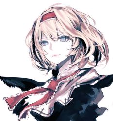 Rule 34 | 1girl, alice margatroid, blonde hair, blue eyes, capelet, hairband, lips, looking at viewer, necktie, portrait, puffy sleeves, red necktie, short hair, simple background, solo, touhou, uni (bom19850101), v-shaped eyebrows, white background