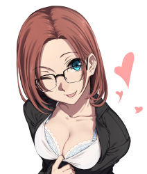 Rule 34 | 1girl, ;d, black-framed eyewear, black jacket, blue bra, blue eyes, bra, breasts, brown hair, cleavage, clothes pull, collarbone, formal, glasses, heart, jacket, large breasts, looking at viewer, nagioka, office lady, one eye closed, open clothes, open mouth, open shirt, original, pulling own clothes, shirt, shirt pull, short hair, simple background, smile, solo, underwear, upper body, white background, white shirt