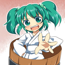 Rule 34 | 1girl, bucket, dairi, green eyes, green hair, hair bobbles, hair ornament, hand on own hip, in bucket, in container, japanese clothes, kimono, kisume, long sleeves, looking at viewer, matching hair/eyes, open mouth, sash, smile, solo, touhou, twintails, wide sleeves, yukata