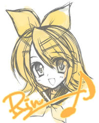 Rule 34 | 1girl, :d, blonde hair, blouse, bow, character name, hair bow, hair ornament, hairclip, headphones, kagamine rin, musical note, open mouth, portrait, quaver, rei (artist), rei (rei&#039;s room), ribbon, sailor collar, shirt, short hair, signature, simple background, sketch, smile, solo, swept bangs, vocaloid, white background, white shirt, yellow ribbon