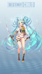 Rule 34 | bare shoulders, blue hair, boots, bow, bowtie, destiny child, dual wielding, green eyes, headphones, highres, holding, long hair, midriff, navel, shorts, skindentation, sword, thigh strap, twintails, virupa (destiny child), weapon