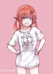Rule 34 | &gt;:d, 10s, 1girl, :3, :d, arm around neck, arm at side, bat hair ornament, born to die world is a fuck (meme), cat, clothes writing, collarbone, cowboy shot, demon tail, disco brando, dog, english text, engrish text, fang, gabriel dropout, hair ornament, hair rings, halo, hand on another&#039;s shoulder, hands on own hips, head tilt, meme, meme attire, no pants, open mouth, orange hair, pink background, pink eyes, ranguage, satanichia kurumizawa mcdowell, shirt, short sleeves, simple background, sketch, smile, solid oval eyes, solo, standing, tail, twitter username, v-shaped eyebrows, waving, white shirt