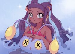 Rule 34 | 1990s (style), 1girl, anglerfish, animal, bikini, black hair, blue eyes, blue hair, blush, breasts, chellyko, chinchou, collarbone, creatures (company), dark skin, earrings, fish, game freak, gen 2 pokemon, halterneck, highres, hoop earrings, jewelry, lens flare, long hair, looking at viewer, multicolored hair, nessa (pokemon), nintendo, parted lips, partially submerged, pokemon, pokemon: twilight wings, pokemon (creature), pokemon swsh, red bikini, retro artstyle, small breasts, sparkle, swimsuit, teeth, two-tone hair, water, x x