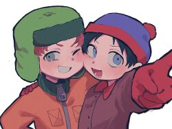 Rule 34 | 2boys, arm up, beanie, black hair, blue eyes, blue headwear, brown jacket, cheek-to-cheek, freckles, gloves, green headwear, grey eyes, hat, heads together, highres, jacket, kyle broflovski, long sleeves, looking at viewer, male focus, multiple boys, omochisan216, one eye closed, open mouth, orange jacket, red gloves, red hair, simple background, smile, south park, stan marsh, upper body, v, v-shaped eyebrows, white background