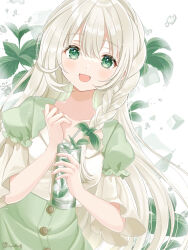 Rule 34 | 1girl, :d, artist name, blush, braid, buttons, collarbone, commentary request, cup, dress, eyelashes, frilled sleeves, frills, green dress, green eyes, hair between eyes, hands up, highres, holding, holding cup, kompeitou (lemon garden), leaf, light particles, long hair, looking at viewer, open mouth, original, plant, puffy short sleeves, puffy sleeves, short sleeves, side braid, sidelocks, signature, simple background, single braid, smile, solo, very long hair, water, water drop, white background, white hair, wide sleeves