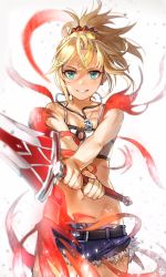 Rule 34 | 1girl, absurdres, aqua eyes, bandeau, bare shoulders, blonde hair, blurry, blush, breasts, clarent (fate), commentary request, cutoffs, depth of field, earrings, fate/apocrypha, fate (series), hair ornament, hair scrunchie, hieung, highres, holding, holding sword, holding weapon, jewelry, long hair, looking at viewer, midriff, mordred (fate), mordred (fate/apocrypha), mordred (memories at trifas) (fate), navel, necklace, parted lips, ponytail, scrunchie, short shorts, shorts, smile, solo, sword, teeth, transforming clothes, weapon