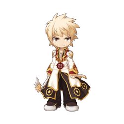 Rule 34 | 1boy, arms at sides, black coat, black footwear, black pants, blonde hair, chibi, closed mouth, coat, cross, cross necklace, cross of prontera, full body, gold trim, high priest (ragnarok online), holding, holding staff, jewelry, layered clothes, long sleeves, looking at viewer, male focus, medium bangs, multicolored coat, necklace, official art, pants, ragnarok online, red coat, shoes, short hair, simple background, smile, solo, staff, standing, tachi-e, tan, transparent background, two-tone coat, v-shaped eyebrows, white coat, yellow eyes, yuichirou