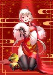Rule 34 | 1girl, banana (girls&#039; frontline), black thighhighs, blush, breasts, china dress, chinese clothes, dress, fur, girls&#039; frontline, hair between eyes, hand up, happy new year, head tilt, headgear, kneeling, long hair, looking at viewer, m4 sopmod ii (girls&#039; frontline), m4 sopmod ii (mod3) (girls&#039; frontline), mechanical arms, mod3 (girls&#039; frontline), multicolored hair, new year, open mouth, outstretched arm, pelvic curtain, pink hair, red dress, red eyes, red hair, san ka, single mechanical arm, smile, solo, streaked hair, thighhighs