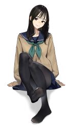 Rule 34 | 1girl, black pantyhose, blue sailor collar, blue skirt, feet, highres, long hair, long sleeves, looking at viewer, neckerchief, no shoes, original, pantyhose, sailor collar, school uniform, serafuku, simple background, sitting, skirt, smile, solo, sweater, yomu (sgt epper)