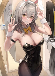 Rule 34 | 2girls, animal ears, arm strap, bare shoulders, black hairband, black leotard, black pantyhose, blush, bow, bowtie, breasts, cleavage, commentary, covering own mouth, cowboy shot, detached collar, double v, fake animal ears, fake tail, firefly (honkai: star rail), grey hair, grin, hairband, hands up, head tilt, honkai: star rail, honkai (series), large breasts, leotard, long hair, looking at viewer, mookyuu9, multiple girls, pantyhose, purple eyes, rabbit ears, rabbit tail, smile, standing, stelle (honkai: star rail), strapless, strapless leotard, tail, trailblazer (honkai: star rail), v, white hairband, wrist cuffs, yellow bow, yellow bowtie, yellow eyes