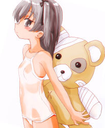 Rule 34 | 1girl, absurdres, bandages, black ribbon, blush, boko (girls und panzer), breasts, brown eyes, closed mouth, covered navel, cowboy shot, crotch seam, frown, girls und panzer, hair ribbon, highres, holding, holding behind back, holding stuffed toy, light brown hair, long hair, looking at viewer, minorihoujouakino, holding behind back, old school swimsuit, one-piece swimsuit, one side up, ribbon, school swimsuit, see-through, shimada arisu, simple background, small breasts, solo, standing, stuffed animal, stuffed toy, swimsuit, teddy bear, wet, wet clothes, white background, white one-piece swimsuit