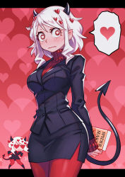 Rule 34 | 1girl, absurdres, anbe yoshirou, black horns, black suit, blush, breasts, chibi, closed mouth, demon girl, demon horns, demon tail, formal, hair ornament, heart, heart-shaped pupils, heart background, heart hair ornament, helltaker, highres, horns, large breasts, long sleeves, looking at viewer, modeus (helltaker), multiple views, pantyhose, pencil skirt, red background, red eyes, red pantyhose, red sweater, ribbed sweater, short hair, skirt, sleeves past wrists, suit, sweater, symbol-shaped pupils, tail, turtleneck, white hair