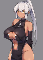 Rule 34 | 1girl, arms behind back, bare shoulders, black dress, black gloves, breasts, brll, choker, closed mouth, clothing cutout, cowboy shot, cross, cross necklace, dress, duplicate, earrings, elbow gloves, elf, gloves, grey background, groin, highleg, highleg dress, highres, huge breasts, jewelry, latin cross, long dress, long hair, looking at viewer, navel, navel cutout, necklace, no panties, nun, original, pointy ears, ponytail, side slit, simple background, solo, standing, white background, white choker, white hair, yellow eyes