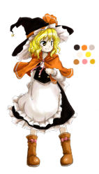 Rule 34 | 1girl, apron, blonde hair, blush, boots, capelet, color guide, dress, full body, hat, huyusilver, kirisame marisa, long sleeves, official style, palette (object), parody, smile, solo, star (symbol), style parody, touhou, waist apron, wavy hair, witch hat, yellow eyes, zun (style)