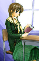 Rule 34 | 00s, 1girl, braid, hair over shoulder, maria-sama ga miteru, reading, school uniform, serafuku, shimazu yoshino, solo, twin braids