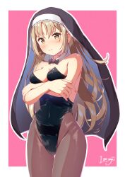 Rule 34 | 1girl, absurdres, arms under breasts, bare shoulders, black bow, black bowtie, blush, bow, bowtie, breasts, covered navel, crossed arms, detached collar, ear blush, habit, highres, leotard, light brown hair, long hair, looking at viewer, luvniji, medium breasts, nijisanji, outline, playboy bunny, signature, sister claire, solo, tearing up, virtual youtuber, wavy mouth, white outline, yellow eyes