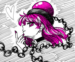 Rule 34 | 1girl, alternate eye color, alternate hair color, black choker, chain, choker, commentary request, earrings, from side, hand up, heart, hecatia lapislazuli, highres, jewelry, long hair, looking at viewer, nail polish, nokisakifuurin, profile, purple eyes, purple hair, purple nails, smile, solo, stud earrings, touhou, white background