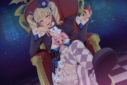 Rule 34 | 10s, 1girl, aikatsu!, aikatsu! (series), alcohol, argyle, argyle clothes, argyle legwear, blonde hair, blue eyes, blush, checkered floor, crossed legs, cup, drill hair, drinking glass, dutch angle, fang, flower, glass, hat, hat flower, head rest, kate (alice catharsis), long hair, looking at viewer, open mouth, sitting, sky, smile, solo, star (sky), starry sky, stuffed animal, stuffed rabbit, stuffed toy, thighhighs, todo yurika, twin drills, twintails, window, wine, wine glass
