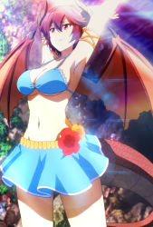 Rule 34 | 1girl, absurdres, bikini, blue bikini, breasts, cleavage, flower, grea (shingeki no bahamut), highres, horns, large breasts, manaria friends, navel, red eyes, red hair, skirt, solo, stitched, swimsuit, tail, third-party edit, underboob, wings