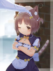 Rule 34 | 1girl, 1other, absurdres, animal ear fluff, animal ears, apron, azuki (nekopara), back bow, bi neko706, black dress, blunt bangs, blurry, blurry background, blush, border, bow, breasts, brown eyes, brown hair, brown tail, cat ears, cat girl, cat tail, character name, cleavage, cleavage cutout, closed mouth, clothing cutout, colored eyelashes, commentary request, cowboy shot, crossed arms, dress, frilled apron, frills, frown, hair bow, headpat, heart-shaped ornament, highres, looking down, nekopara, one eye closed, puff of air, puffy short sleeves, puffy sleeves, short hair, short sleeves, shy, small breasts, solo focus, standing, striped tail, tail, tail raised, two side up, waist apron, white apron, white border, white bow, yellow bow