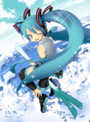 Rule 34 | 1girl, aqua eyes, aqua hair, aqua nails, aqua necktie, aqua sky, aqua theme, black footwear, black skirt, black sleeves, blouse, boots, cloud, cloudy sky, commentary request, day, detached sleeves, floating hair, grey shirt, hair between eyes, hair ribbon, hatsune miku, headset, long hair, looking at viewer, looking back, miniskirt, nail polish, necktie, one eye closed, open mouth, pleated skirt, ribbon, seguchi takahiro, shirt, skirt, sky, sleeveless, sleeveless shirt, smile, solo, spring onion, thigh boots, thighhighs, tongue, twintails, very long hair, vocaloid