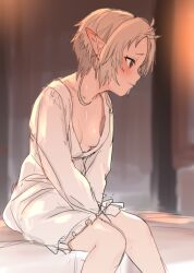 Rule 34 | 1girl, averting eyes, azuse neko, between legs, blurry, blurry background, blush, breasts, collarbone, cropped legs, ear blush, elf, hand between legs, knees together feet apart, long sleeves, mushoku tensei, nightgown, pointy ears, red eyes, short hair, sitting, small breasts, solo, sylphiette (mushoku tensei), white hair, white nightgown
