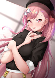 Rule 34 | 1girl, :p, arm between breasts, beret, black hat, blush, bow, braid, breasts, casual, choker, collarbone, dearonnus, girls&#039; frontline, hair between eyes, hair bow, hair ornament, hair ribbon, hairclip, hand up, hat, hexagram, highres, holding own arm, jewelry, long hair, looking at viewer, medium breasts, navel, negev (girls&#039; frontline), one side up, pink hair, red bow, red eyes, ribbon, ring, shirt, side braid, smile, solo, star of david, suspenders, tongue, tongue out, upper body, wedding band