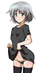 Rule 34 | 1girl, black panties, blush, breasts, clothes lift, green eyes, highres, panties, sanya v. litvyak, skirt, skirt lift, small breasts, solo, strike witches, thighhighs, underwear, white hair, world witches series