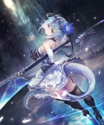 Rule 34 | 1girl, arched back, backless outfit, blue hair, circle skirt, circlet, cygames, dragon girl, dragon horns, dragon tail, expressionless, flower, frilled skirt, frills, gauntlets, hair flower, hair ornament, horns, looking at viewer, looking back, official art, pointy ears, polearm, ponzu (catponz), purple eyes, ruins, shadowverse, short hair, skirt, solo, tail, thighhighs, weapon, whitefrost dragonewt filene