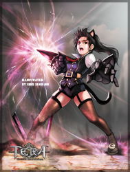 Rule 34 | 1girl, animal ears, artist name, belt, black eyes, black hair, black shorts, black thighhighs, black vest, cat ears, cat tail, clenched hand, copyright name, electricity, elin, fighting stance, fishnet thighhighs, fishnets, full body, garter straps, gauntlets, highres, legs apart, long hair, necktie, open mouth, outstretched arm, pinstripe pattern, pinstripe vest, ponytail, red necktie, seon-ho, shirt, shoes, short shorts, shorts, shouting, solo, striped, tail, tera online, thighhighs, vest, weapon, white shirt