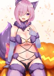 Rule 34 | 1girl, absurdres, animal ears, arm at side, arm support, bat (animal), black panties, blush, bow, breasts, cleavage, cowboy shot, cross-laced clothes, elbow gloves, eyes visible through hair, fang, fate/grand order, fate/stay night, fate (series), fox ears, fox tail, fur-trimmed gloves, fur-trimmed legwear, fur collar, fur trim, gloves, hair over one eye, halloween, hand on own chest, head tilt, highres, jack-o&#039;-lantern, large breasts, light purple hair, looking at viewer, mash kyrielight, mash kyrielight (dangerous beast), nanakaku, navel, o-ring, o-ring top, official alternate costume, open mouth, panties, pumpkin, purple bow, purple eyes, purple gloves, purple thighhighs, short hair, sidelocks, sitting, smile, solo, tail, thighhighs, underwear, wolf ears, wolf tail