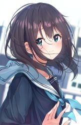 Rule 34 | 1girl, black shirt, blue neckwear, blurry, blurry background, blush, closed mouth, commentary request, depth of field, enuni, floating hair, green eyes, hair between eyes, hand up, highres, long hair, looking at viewer, original, revision, sailor collar, school uniform, serafuku, shirt, smile, solo, tears, white sailor collar
