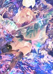 Rule 34 | 1girl, absurdres, ahoge, arm guards, bare tree, black bow, black scarf, black thighhighs, blonde hair, bow, closed mouth, commentary request, fate/grand order, fate (series), flower, full moon, hair between eyes, hair bow, haori, highres, holding, holding sword, holding weapon, japanese clothes, katana, kimono, leg up, light particles, looking at viewer, moon, obi, okita souji (fate), okita souji (koha-ace), rioka (southern blue sky), sash, scarf, shin guards, shinsengumi, short hair, short kimono, sidelocks, solo, sword, thighhighs, tree, v-shaped eyebrows, weapon, white flower, yellow eyes