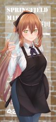 Rule 34 | 1girl, alternate costume, apron, blush, breasts, brown hair, character name, closed mouth, collared shirt, cup, girls&#039; frontline, green eyes, hair between eyes, hair ribbon, hair rings, highres, holding, holding cup, holding tray, large breasts, long hair, long sleeves, looking at viewer, maomi wo, neckerchief, open mouth, pants, ponytail, ribbon, shirt, sidelocks, smile, solo, springfield (girls&#039; frontline), tray, white shirt