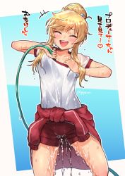 Rule 34 | 1girl, :d, blonde hair, blue background, blush, border, closed eyes, closed mouth, clothes around waist, clothes pull, collarbone, facing viewer, gojarun, grey shirt, hair bun, hair ornament, hands up, heart, heart hair ornament, highres, hose, idolmaster, idolmaster cinderella girls, jacket, jacket around waist, long hair, ohtsuki yui, open mouth, red shorts, shiny clothes, shirt, shirt pull, short sleeves, shorts, single hair bun, smile, solo, standing, teeth, track jacket, translated, twitter username, upper teeth only, wet, wet clothes, white border
