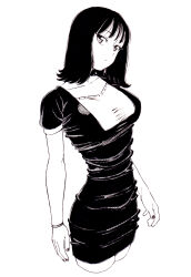 Rule 34 | 1girl, bad id, bad pixiv id, black dress, black hair, black nails, breasts, closed mouth, collarbone, dende (dndn222), dress, greyscale, head tilt, highres, large breasts, looking at viewer, medium hair, monochrome, original, scan, scan artifacts, shirt, solo, standing, thighs, traditional media