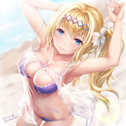 Rule 34 | 1girl, armpits, arms up, artist name, beach, bikini, blonde hair, blue eyes, breasts, cleavage, cowboy shot, day, dutch angle, flower, front-tie bikini top, front-tie top, granblue fantasy, hair flower, hair intakes, hair ornament, hairband, jeanne d&#039;arc (granblue fantasy), large breasts, lens flare, long hair, looking at viewer, navel, outdoors, paint musume, parted lips, purple bikini, side-tie bikini bottom, side ponytail, smile, solo, swimsuit, twitter username