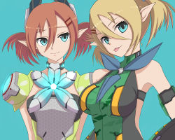Rule 34 | 2girls, armlet, arms behind back, bad id, bad pixiv id, bare shoulders, blonde hair, blue eyes, brown hair, choker, hair ornament, hairclip, highres, honey jacket, little prim, multiple girls, patty (pso2), phantasy star, phantasy star online, phantasy star online 2, pointy ears, r n (kisaragiyurii), simple background, tear (pso2), tongue, tongue out, twintails