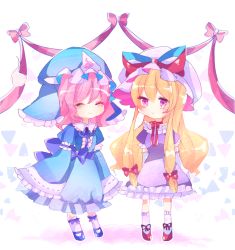 Rule 34 | 2girls, arms at sides, blonde hair, blue footwear, blue kimono, bow, chibi, choker, closed eyes, closed mouth, dress, elbow gloves, frilled dress, frills, full body, gap (touhou), gloves, hair between eyes, hair bow, hat, hat ribbon, hitodama, japanese clothes, kimono, long hair, long sleeves, looking at another, mob cap, multiple girls, pink hair, purple dress, purple eyes, ratto (mobilis 1870), red footwear, ribbon, ribbon-trimmed sleeves, ribbon choker, ribbon trim, saigyouji yuyuko, shapes, shoes, short hair, short sleeves, smile, touhou, transparent background, triangular headpiece, veil, very long hair, white background, white gloves, white legwear, yakumo yukari