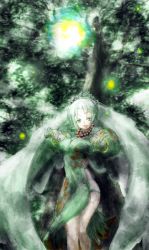 Rule 34 | breasts, cleavage, forest, green eyes, grey hair, grune (tales), jewelry, nature, open mouth, tales of (series), tales of legendia