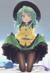Rule 34 | 1girl, bed sheet, black pantyhose, blush, breasts, clothes lift, green eyes, green hair, green skirt, highres, indoors, komeiji koishi, lifted by self, long hair, long sleeves, looking at viewer, open mouth, pantyhose, satou kibi, shirt, skirt, skirt lift, small breasts, solo, third eye, touhou, wavy hair, wide sleeves, yellow shirt
