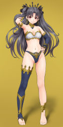Rule 34 | 1girl, anklet, armlet, asymmetrical legwear, bare shoulders, barefoot, black hair, black sleeves, black thighhighs, breasts, cleavage, closed mouth, collarbone, commentary request, detached collar, detached sleeves, duzimura, earrings, fate/grand order, fate (series), full body, gradient background, groin, hair ribbon, hand in own hair, hand on own hip, hand up, highres, hoop earrings, ishtar (fate), jewelry, long hair, long legs, looking at viewer, navel, parted bangs, red eyes, ribbon, single detached sleeve, single sleeve, single thighhigh, smile, solo, stomach, thighhighs, toeless legwear, two side up, uneven legwear, yellow background