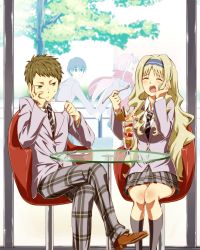 Rule 34 | 10s, 2boys, 2girls, black hair, blazer, brown footwear, closed eyes, commentary request, contemporary, couple, crossed legs, cup, darling in the franxx, drinking glass, grey blazer, hachi kou, hair ornament, hairband, hand on own face, hetero, highres, hiro (darling in the franxx), holding, holding cup, holding spoon, horns, jacket, kokoro (darling in the franxx), long hair, mitsuru (darling in the franxx), multiple boys, multiple girls, oni horns, pants, pink hair, plaid, plaid pants, plaid skirt, purple hairband, red horns, school uniform, shoes, short hair, sitting, skirt, socks, spoon, white hairband, zero two (darling in the franxx)