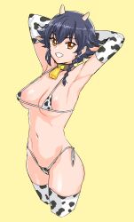 Rule 34 | 1girl, absurdres, animal collar, animal print, areola slip, arms behind head, arms up, ass, bell, bikini, black hair, braid, breasts, brown eyes, collar, cow horns, cow print, cow print bikini, cowbell, cowboy shot, elbow gloves, girls und panzer, gloves, grin, halterneck, highres, horns, kuppipi ramutarou, large areolae, looking at viewer, medium breasts, micro bikini, navel, neck bell, pepperoni (girls und panzer), print bikini, print gloves, print thighhighs, shiny skin, short hair, side-tie bikini bottom, side braid, simple background, smile, solo, standing, string bikini, swimsuit, thighhighs, thong, thong bikini, white bikini, white gloves, white thighhighs, wide hips, yellow background