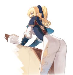 Rule 34 | 1girl, artist request, ass, blonde hair, blue eyes, bodysuit, bow, breasts, capelet, from behind, genshin impact, hair bow, highres, jean (genshin impact), leaning, leaning forward, long hair, looking at viewer, ponytail, shiny clothes, sideboob, skin tight, solo