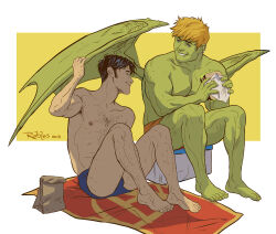 Rule 34 | 2boys, alien, armpit hair, armpit hair peek, bad id, bad tumblr id, bara, black hair, blacksirensolo, blonde hair, blue male swimwear, chest hair, colored skin, couple, dragon wings, ear piercing, eye contact, food, full body, grabbing another&#039;s wing, green skin, holding, holding food, hulkling, interspecies, large pectorals, leg hair, long sideburns, looking at another, male focus, male swimwear, marvel, multiple boys, muscular, muscular male, nipples, orange male swimwear, pectorals, piercing, sandwich, shade, short hair, sideburns, sitting, smile, sparse leg hair, swim briefs, thick eyebrows, toned, toned male, topless male, two-tone background, wiccan, wings, yaoi