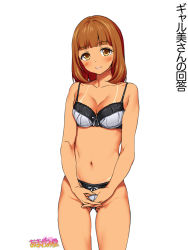 Rule 34 | 1girl, aida takanobu, amagamido, blunt bangs, blush, bow, bow bra, bow panties, bra, breasts, brown eyes, brown hair, character request, cowboy shot, gluteal fold, gyaru, highres, interlocked fingers, kogal, looking at viewer, medium breasts, nanase-chan ntr!, navel, original, own hands clasped, own hands together, panties, short hair, simple background, smile, solo, tan, tanline, underwear, underwear only, white background